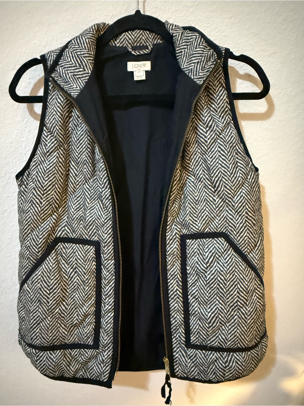 J. Crew Black and White Herringbone Quilted Vest